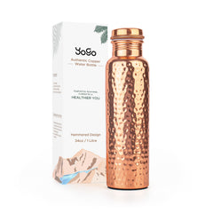 YoGo copper bottle front view showing elegant hammered finish and capacity benefit