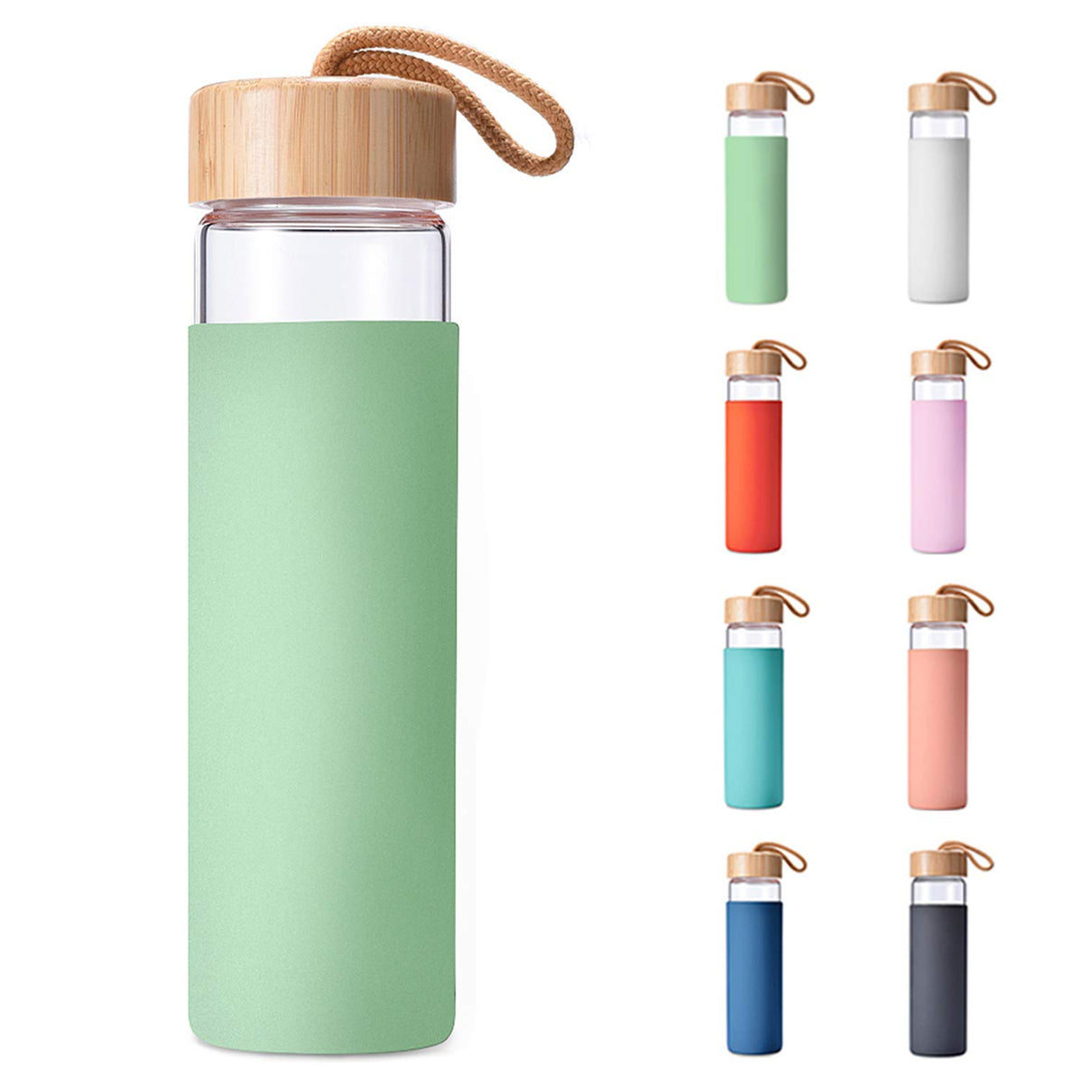 Yomious clear bottle front view showing sleek design and portability benefit