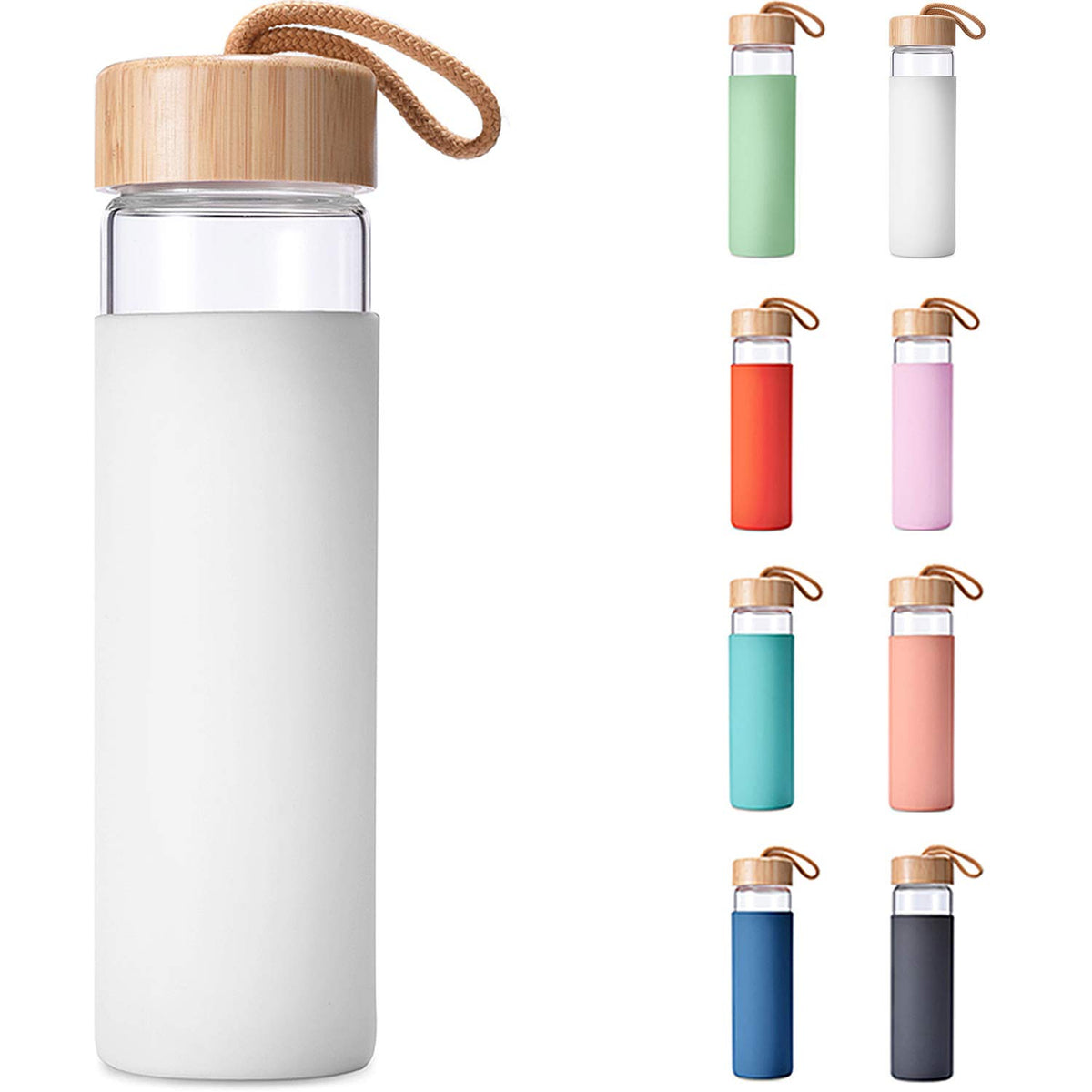 Yomious clear glass bottle front view showing sleek design and pure taste benefits