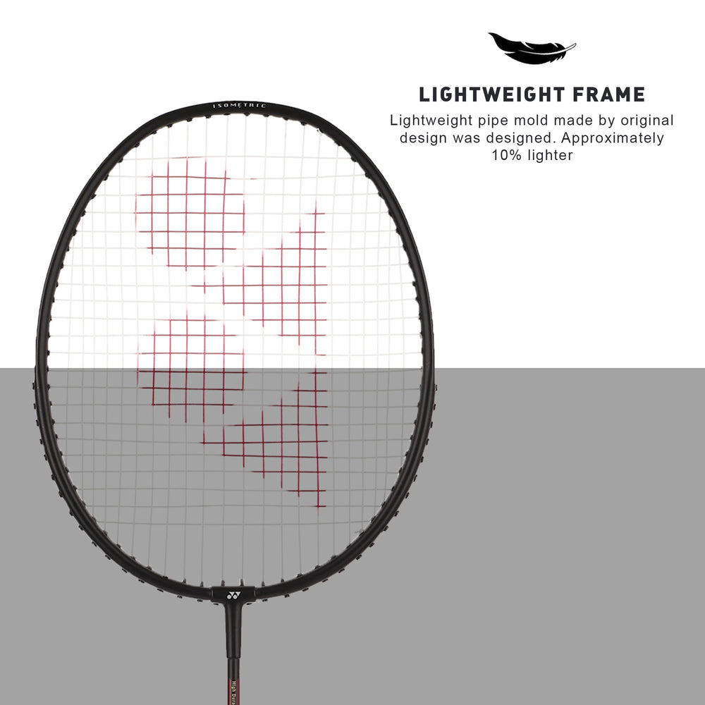 Yonex GR 303i strings and tension label indicating factory-strung readiness