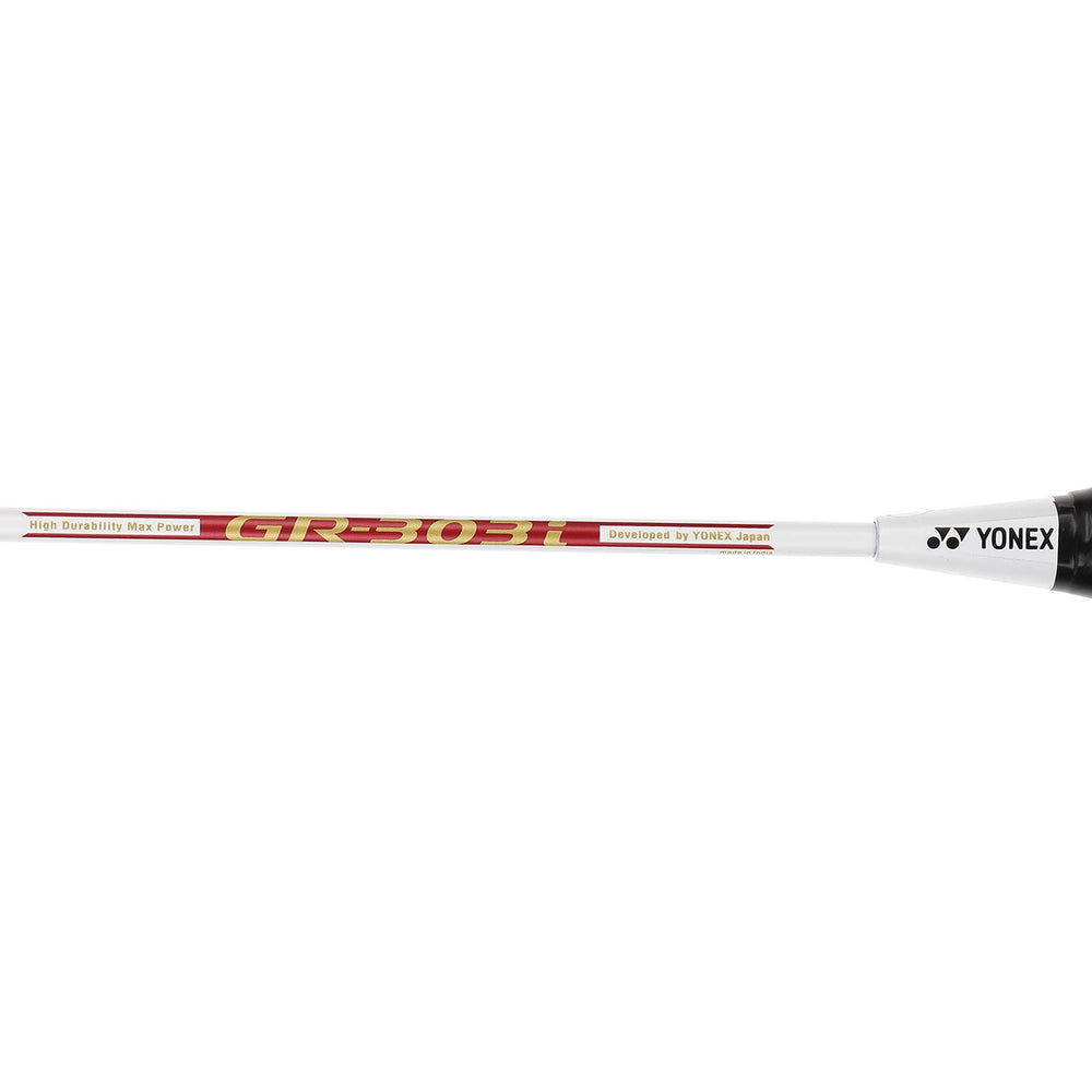 YONEX GR 303i shaft detail showing low-torsion steel for improved stability