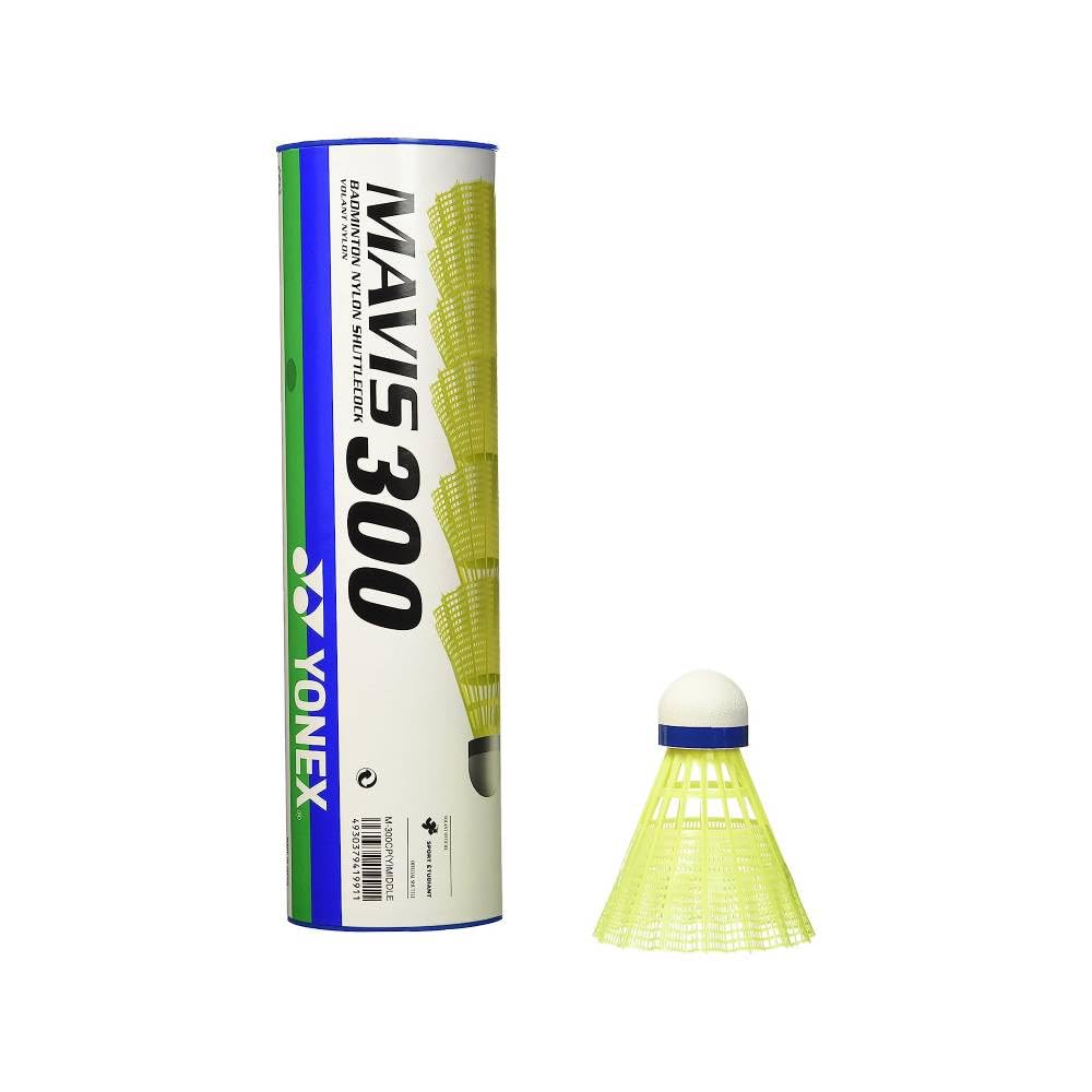 YONEX Mavis 300 front tube showing six yellow shuttles and readable branding for easy selection