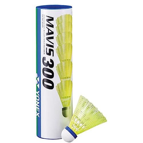 YONEX Mavis 300 tube next to a ruler showing half-dozen size and portable storage convenience