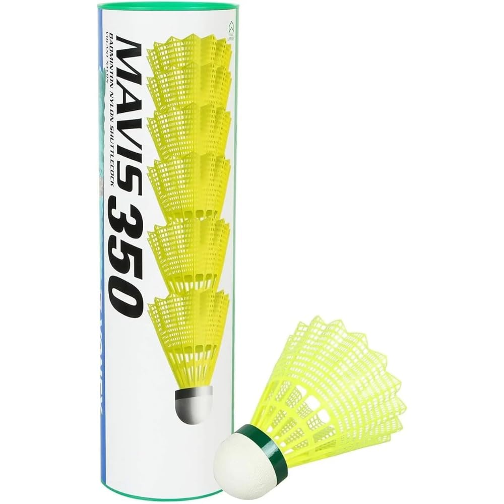 Yonex Mavis 350 front view showing yellow shuttlecock and durable construction