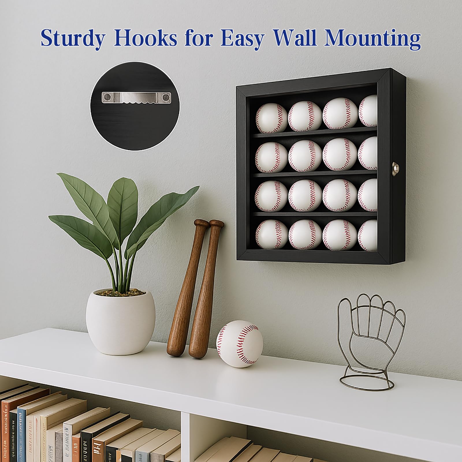 yongvelin interior shelves cradling baseballs with rounded slots to prevent rolling and display benefit