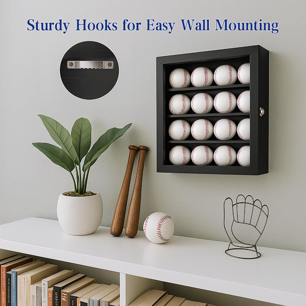 yongvelin interior shelves cradling baseballs with rounded slots to prevent rolling and display benefit
