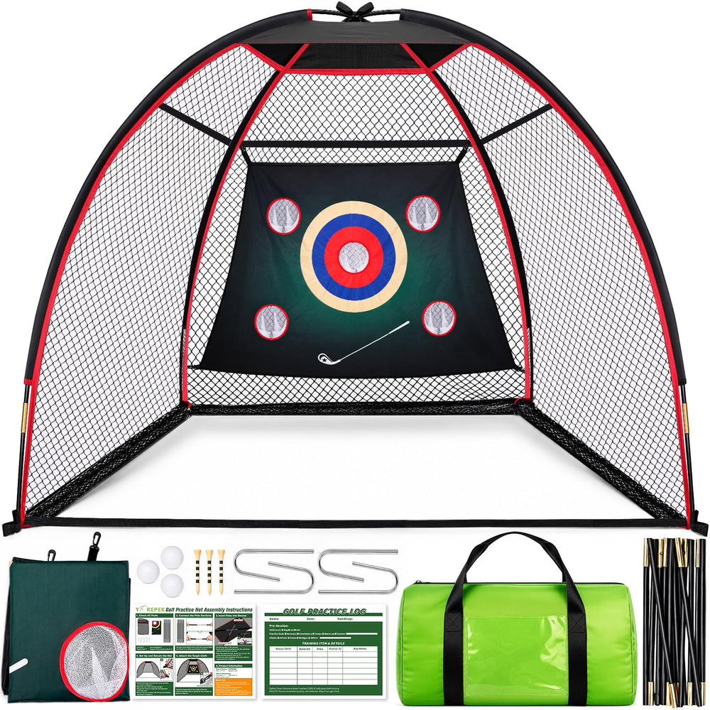 YOREPEK accessories laid out: tees, three balls and practice record card