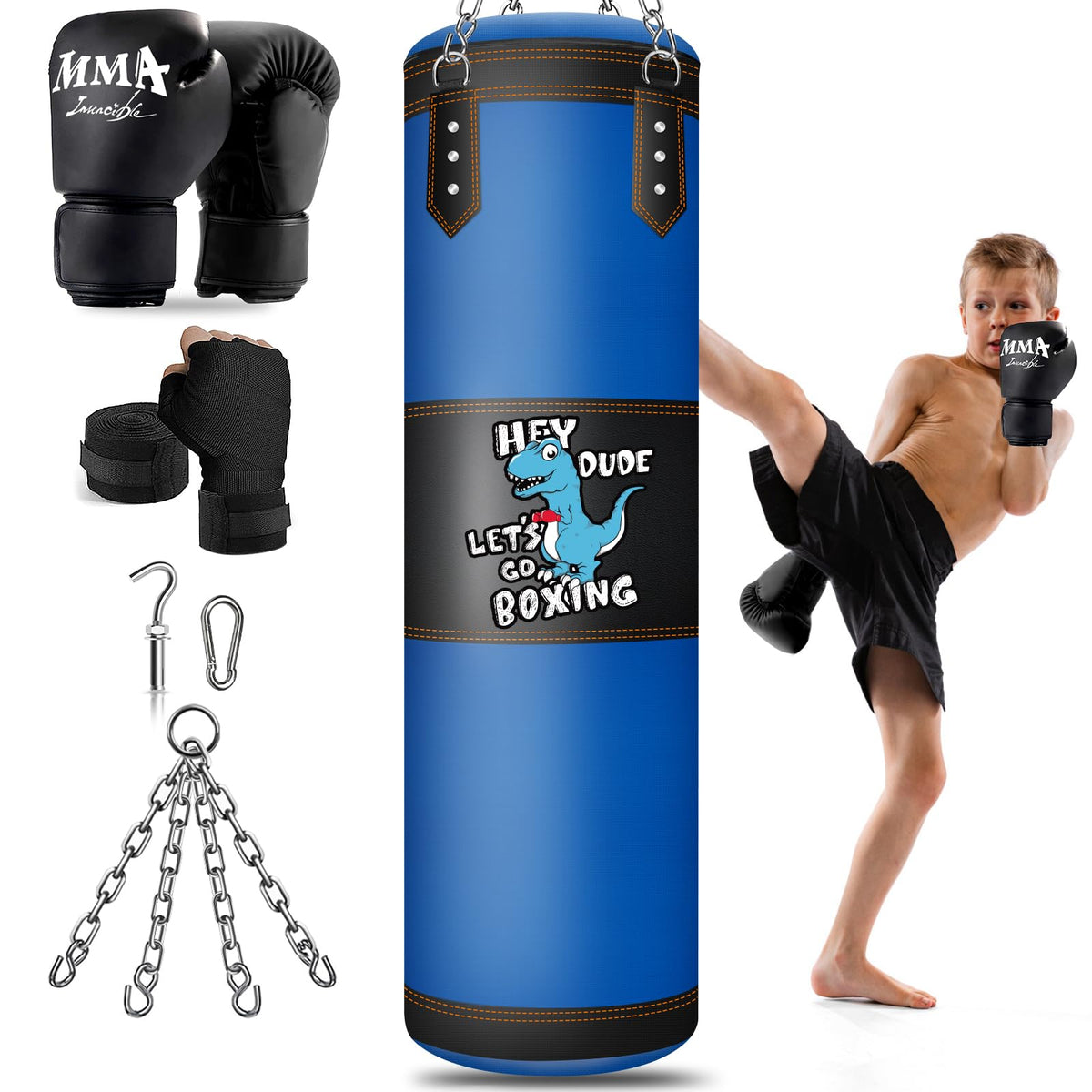 YORWHIN front view of the kids punching bag set showing complete contents and convenience