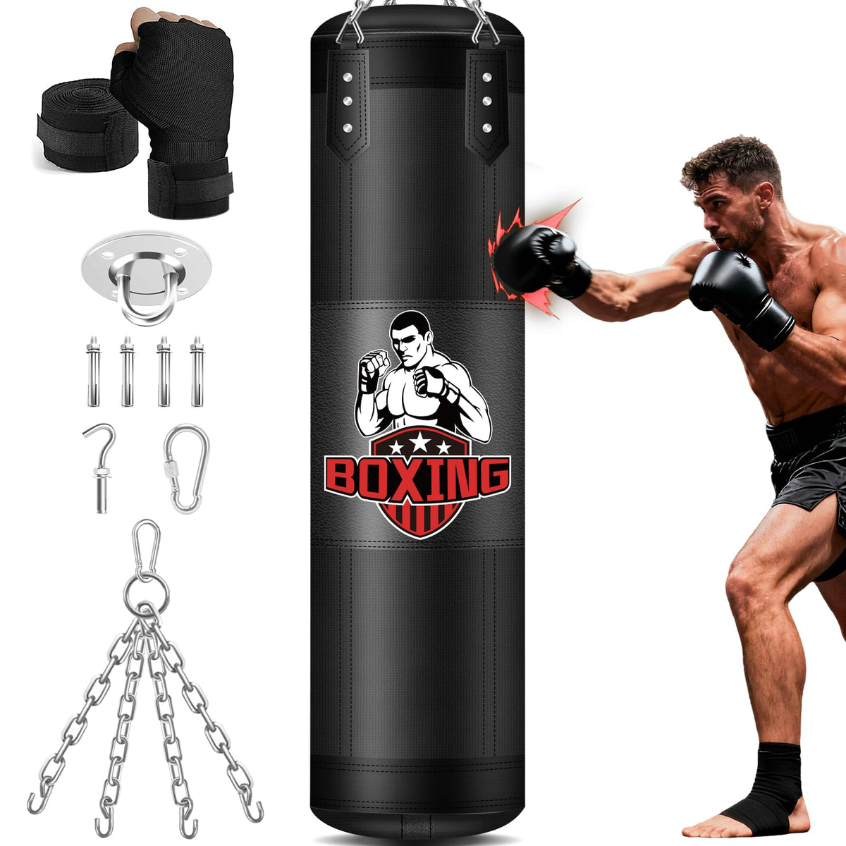 YORWHIN front view of the 4ft punching bag and included hanging kit showing durability