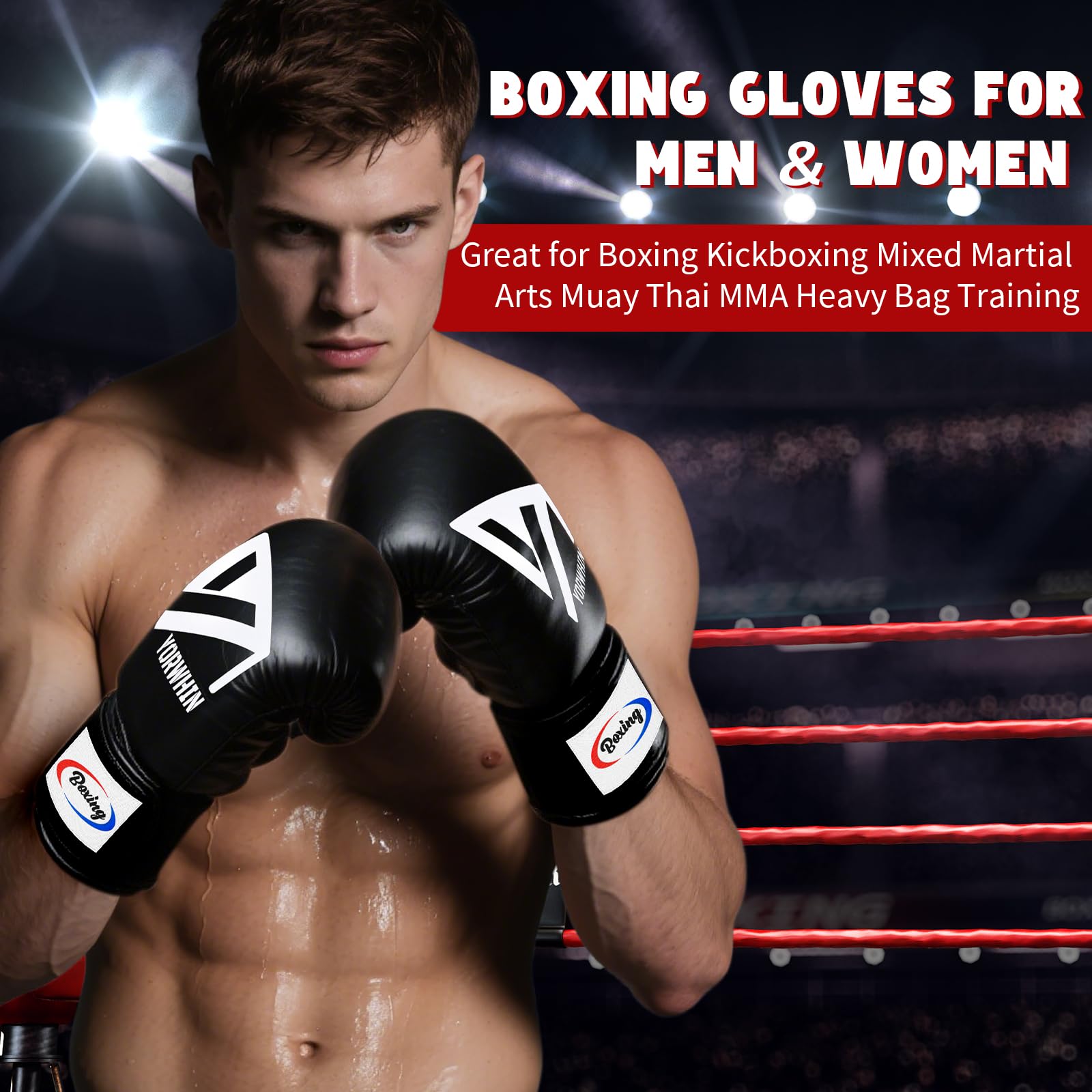 YORWHIN glove beside a hand to show 12oz scale and appropriate fit for training