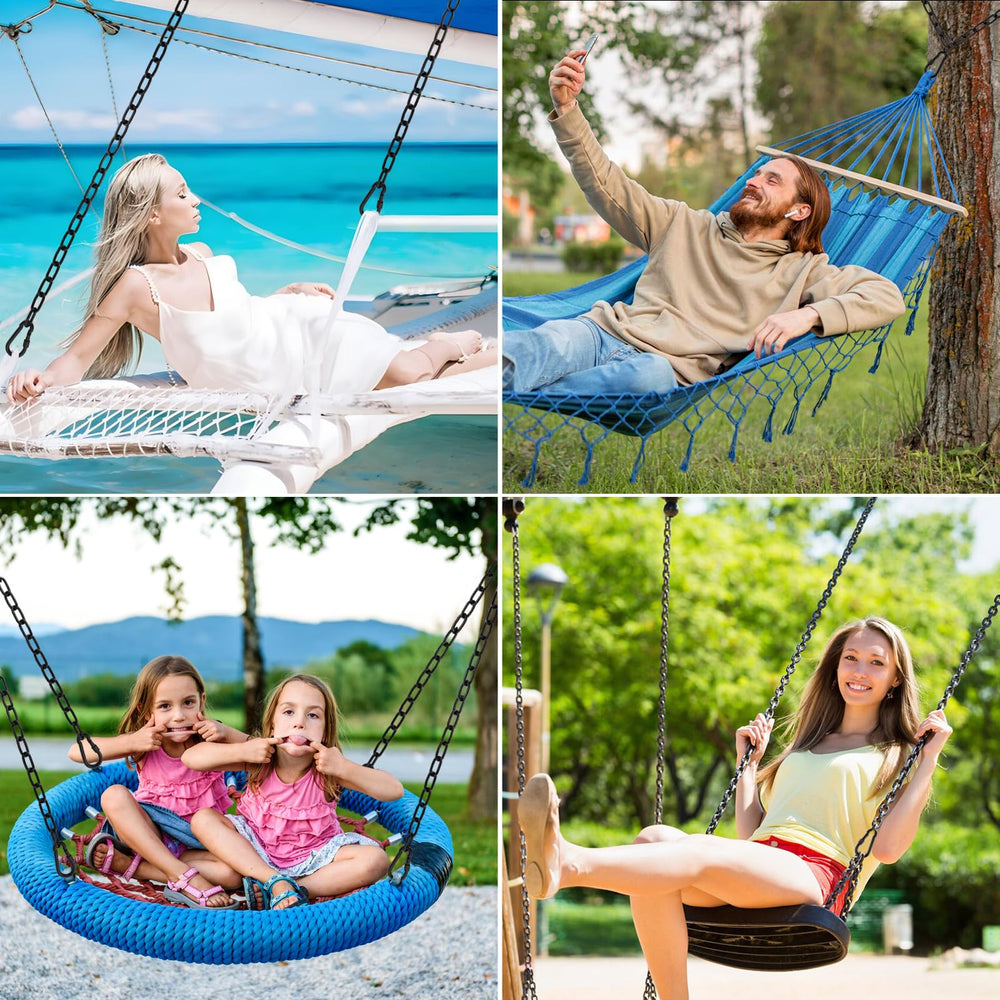 YOSE patio setup with hanging chair showing stylish functional use