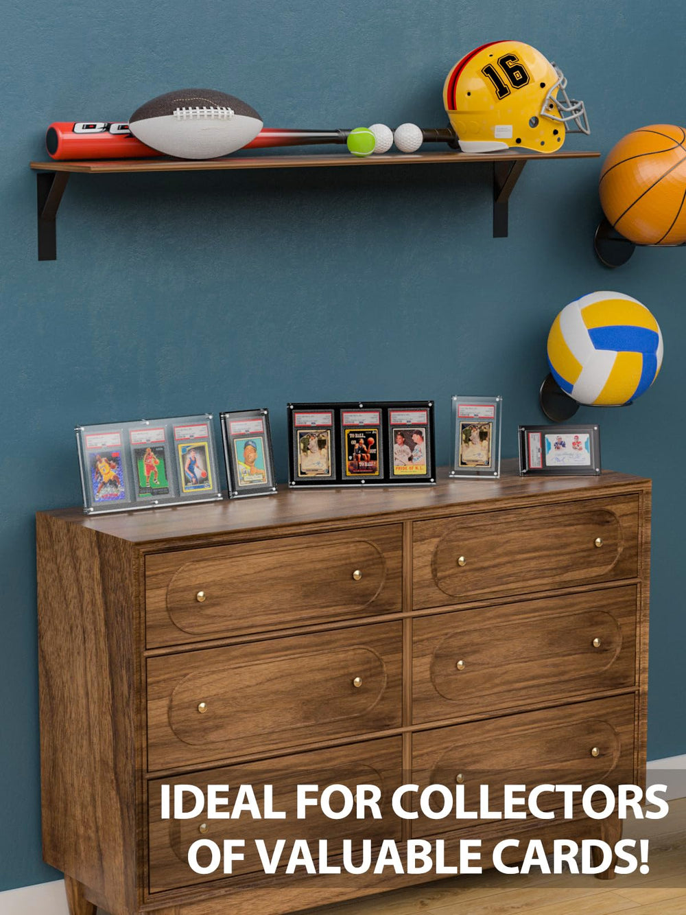 Yotakala beside trading cards for scale demonstrating compact display benefit