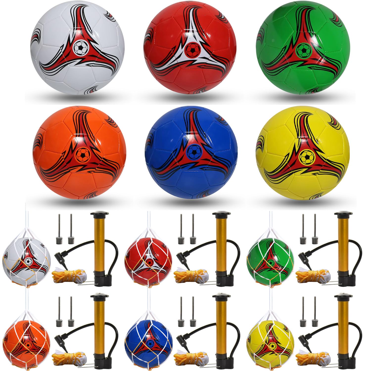 Youlina front view of six deflated size 4 balls showing pack and labels, convenient for donations