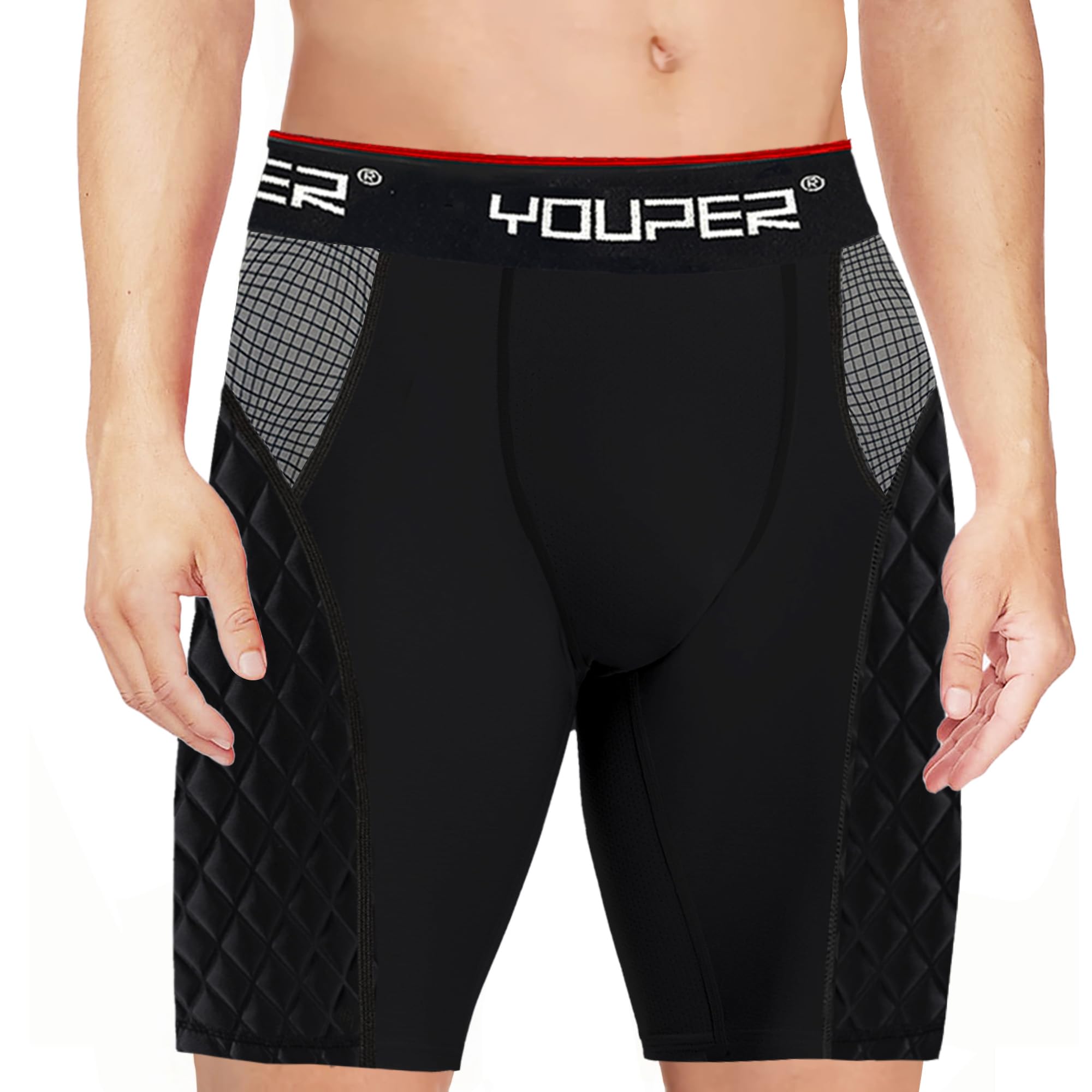 Youper close-up quilted sponge padding on hip demonstrating abrasion protection
