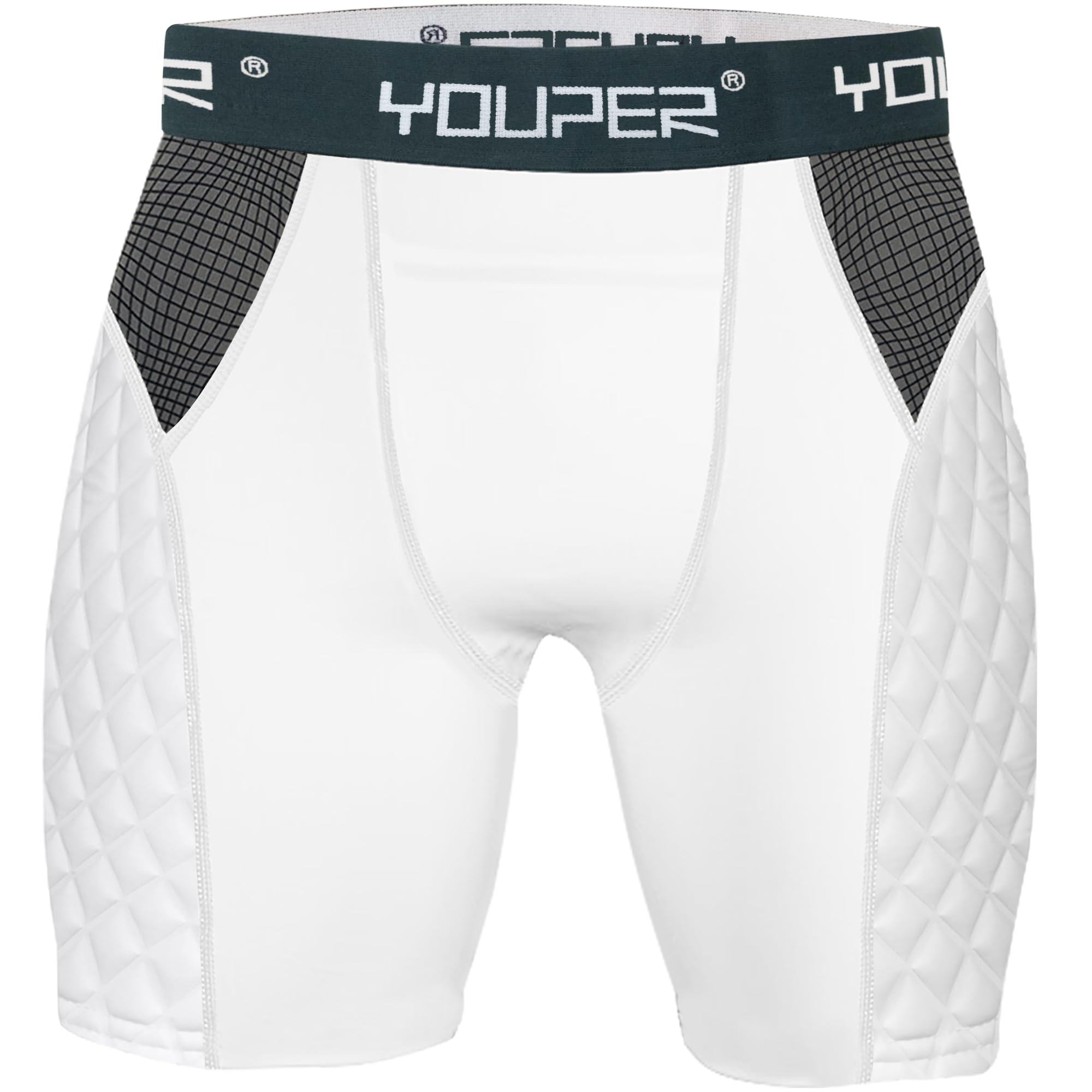 Youper front view of white padded sliding shorts showing snug fit and protection