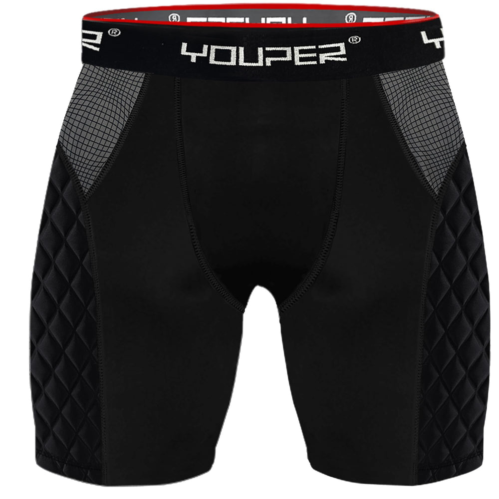 Youper front view of black padded sliding shorts showing fit and waistband advantage