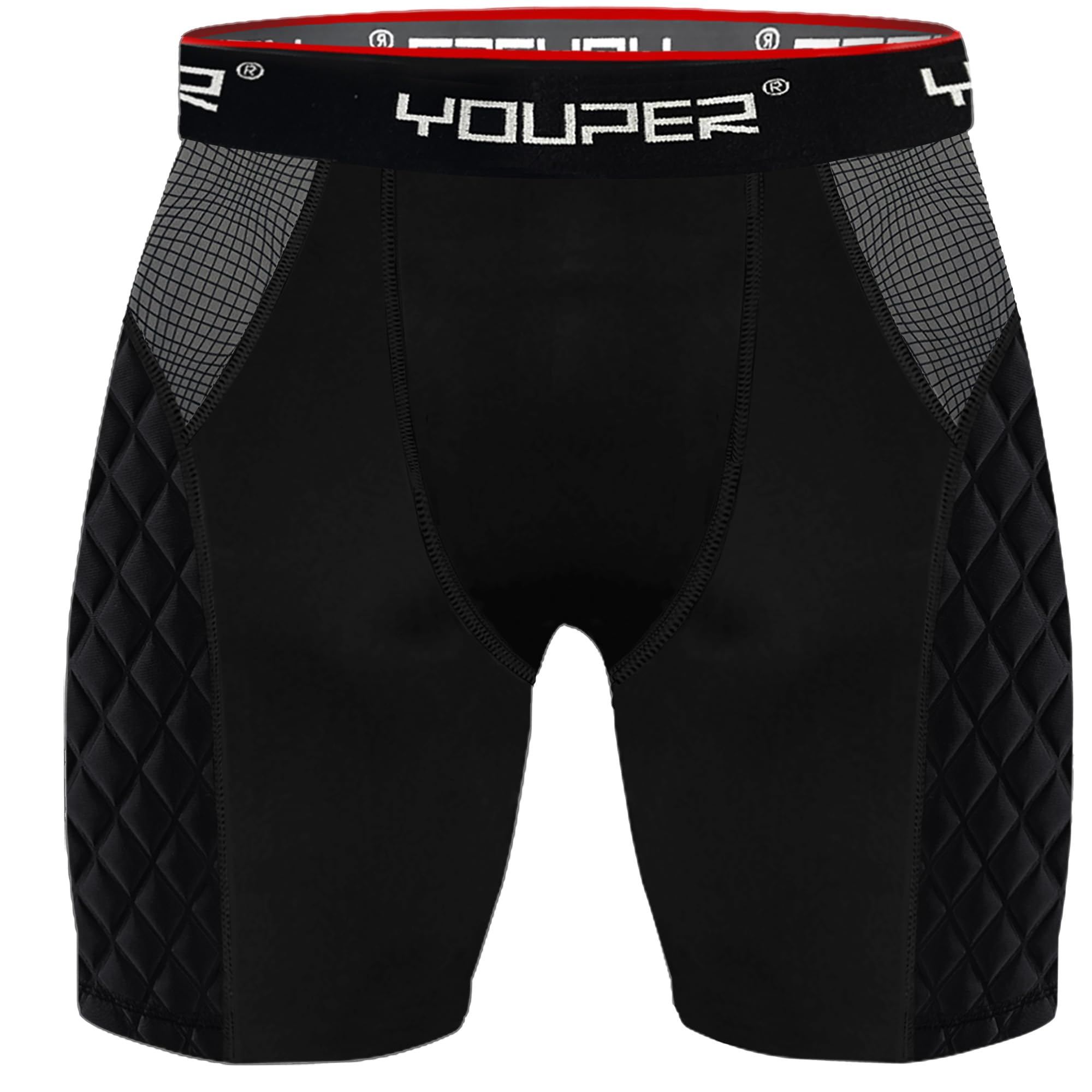 Youper front view of black padded sliding shorts showing fit and protection