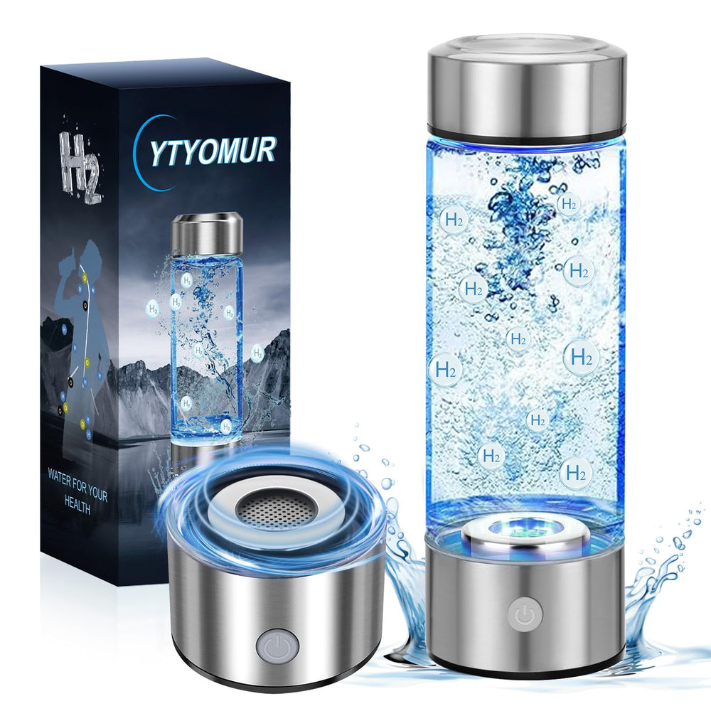 YTYOMUR front view bottle showing sleek glass and lid, portable hydration benefit