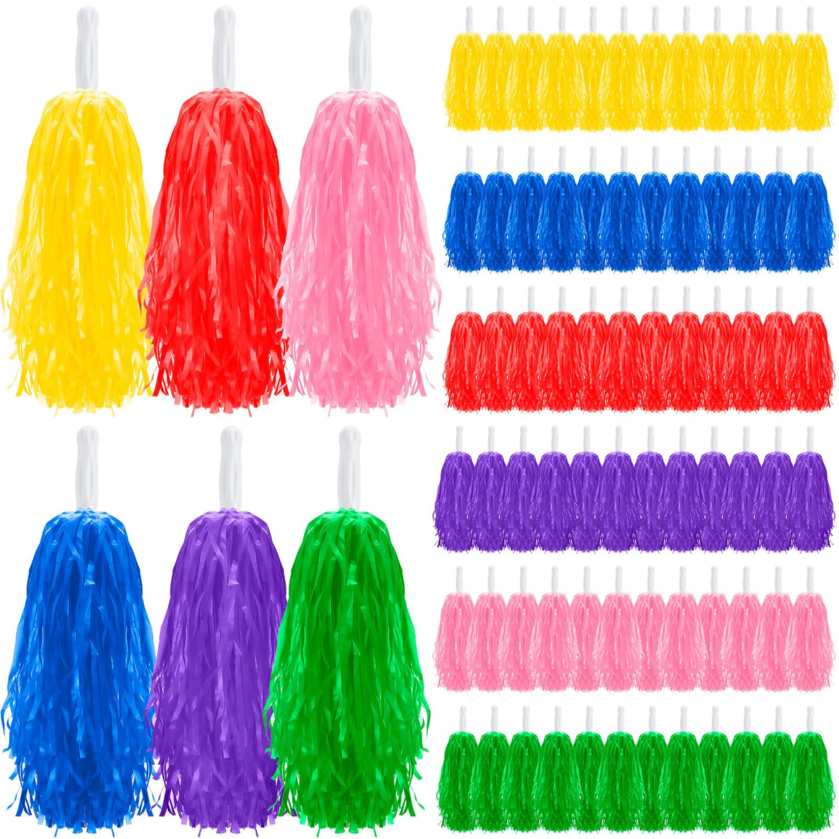 Yunsailing bulk front view showing 72 colorful pom poms and clear handles for easy gripping