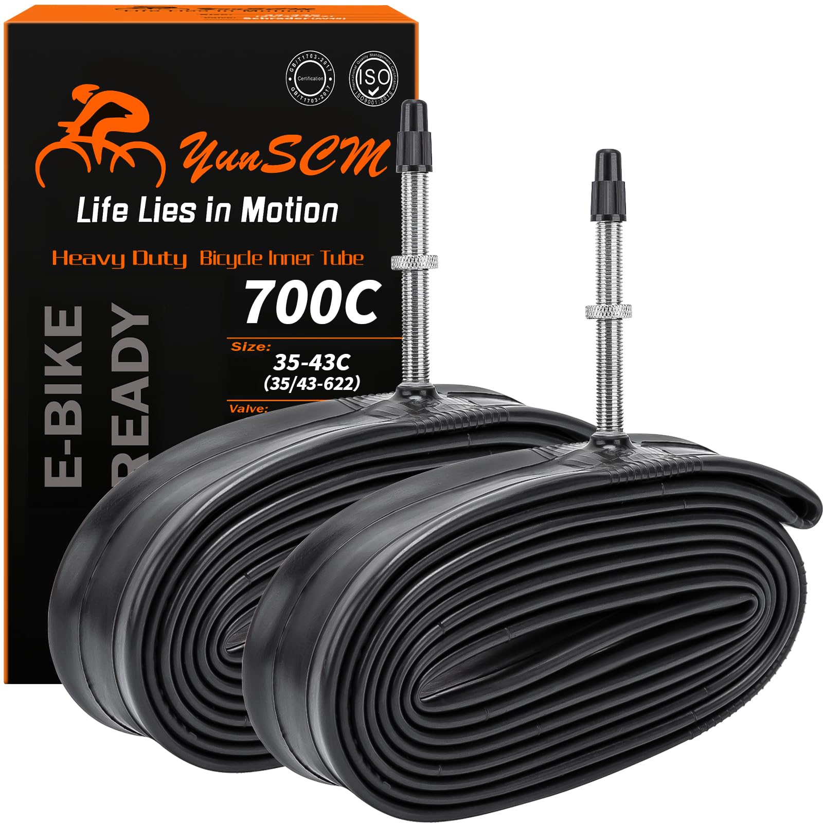 YunSCM front packaging showing two heavy duty 700C inner tubes and clear sizing
