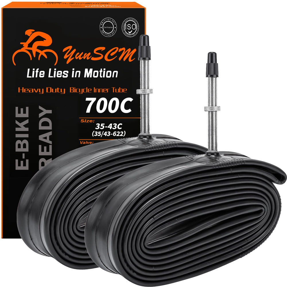 YunSCM front packaging showing two heavy duty 700C inner tubes and clear sizing