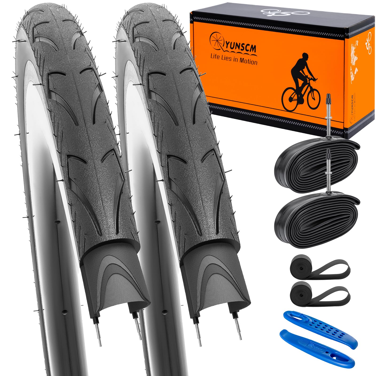 YunSCM front view of two 700x35C tires showing compact packaging and convenience