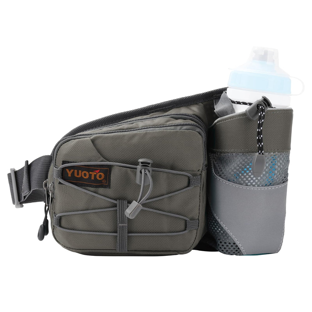 YUOTO waist pack front view in grey showing pockets and belt, easy access