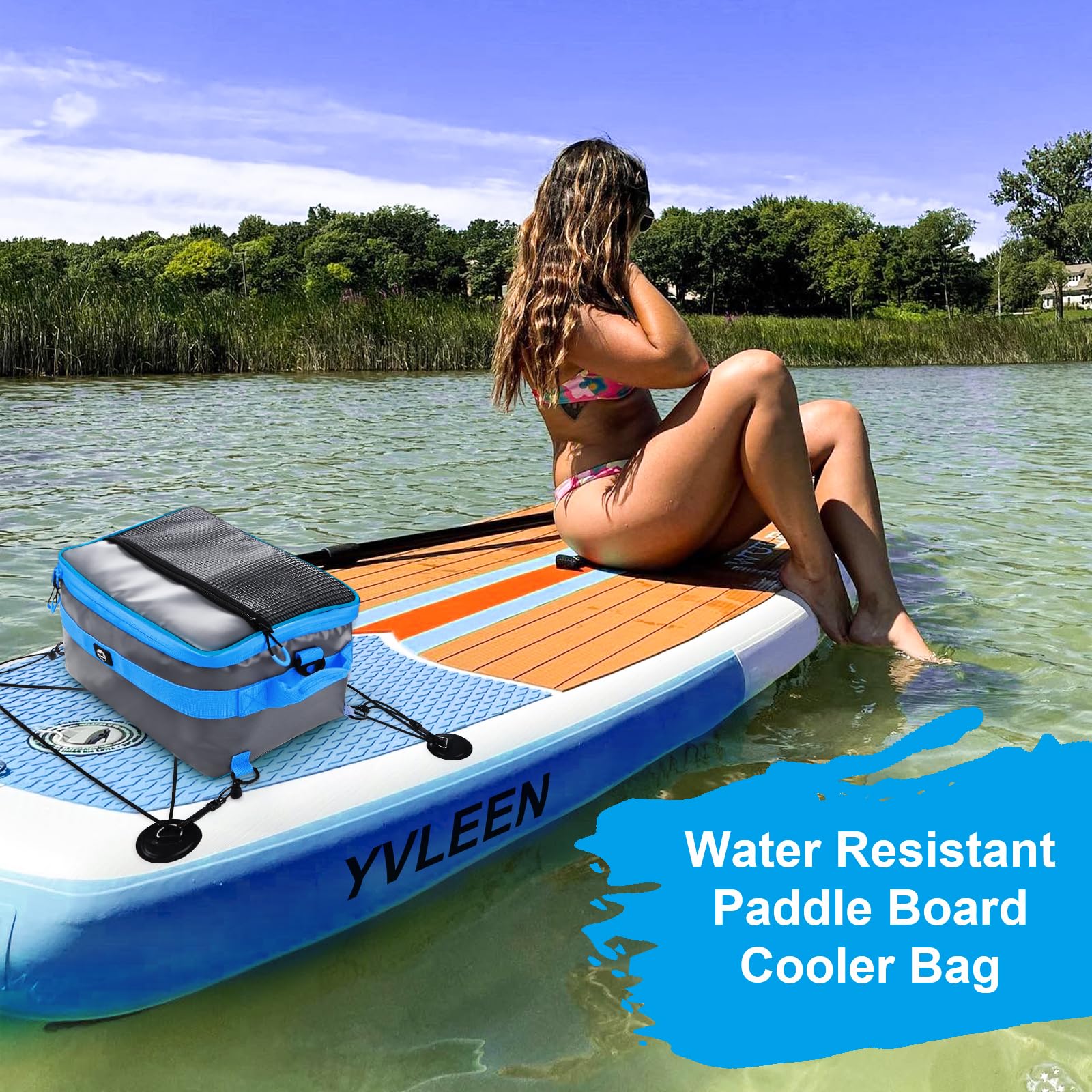 YVLEEN lifestyle scene on beach paddleboard with cooler packed for a day trip