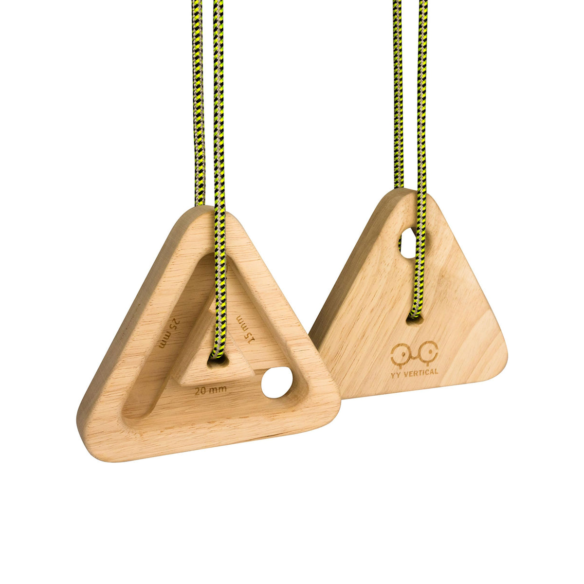 YY Vertical front view of two wood triangle holds showing shape and finish for sturdy training