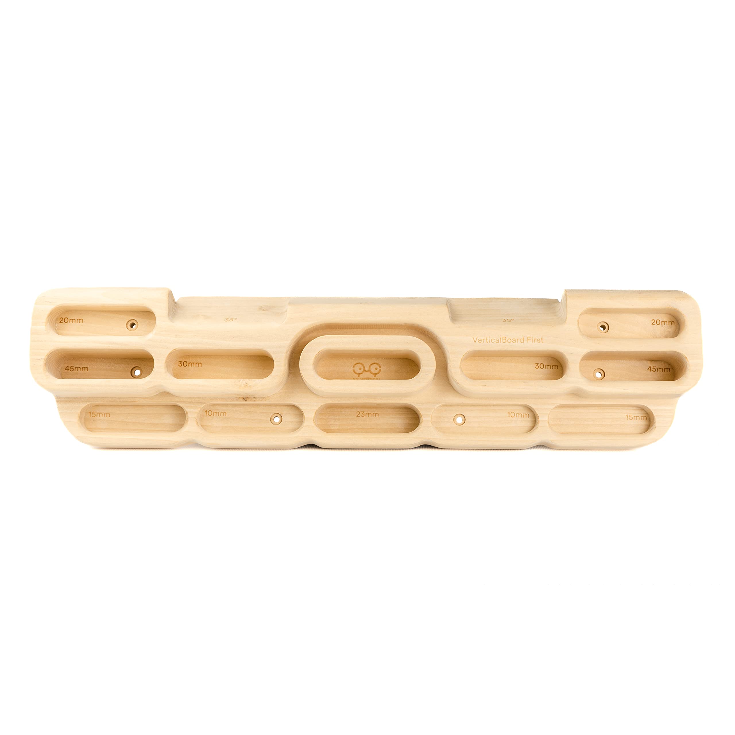 YY Vertical front view of hangboard showing all 10 grips and clean wood finish, clear training layout