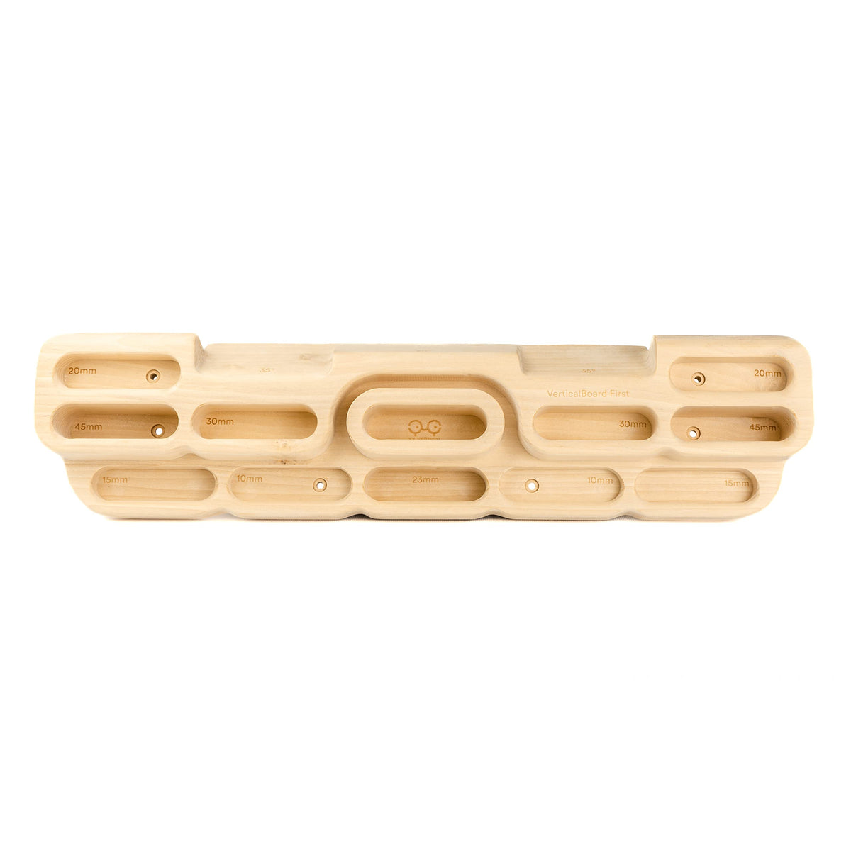 YY Vertical front view of hangboard showing all 10 grips and clean wood finish, clear training layout