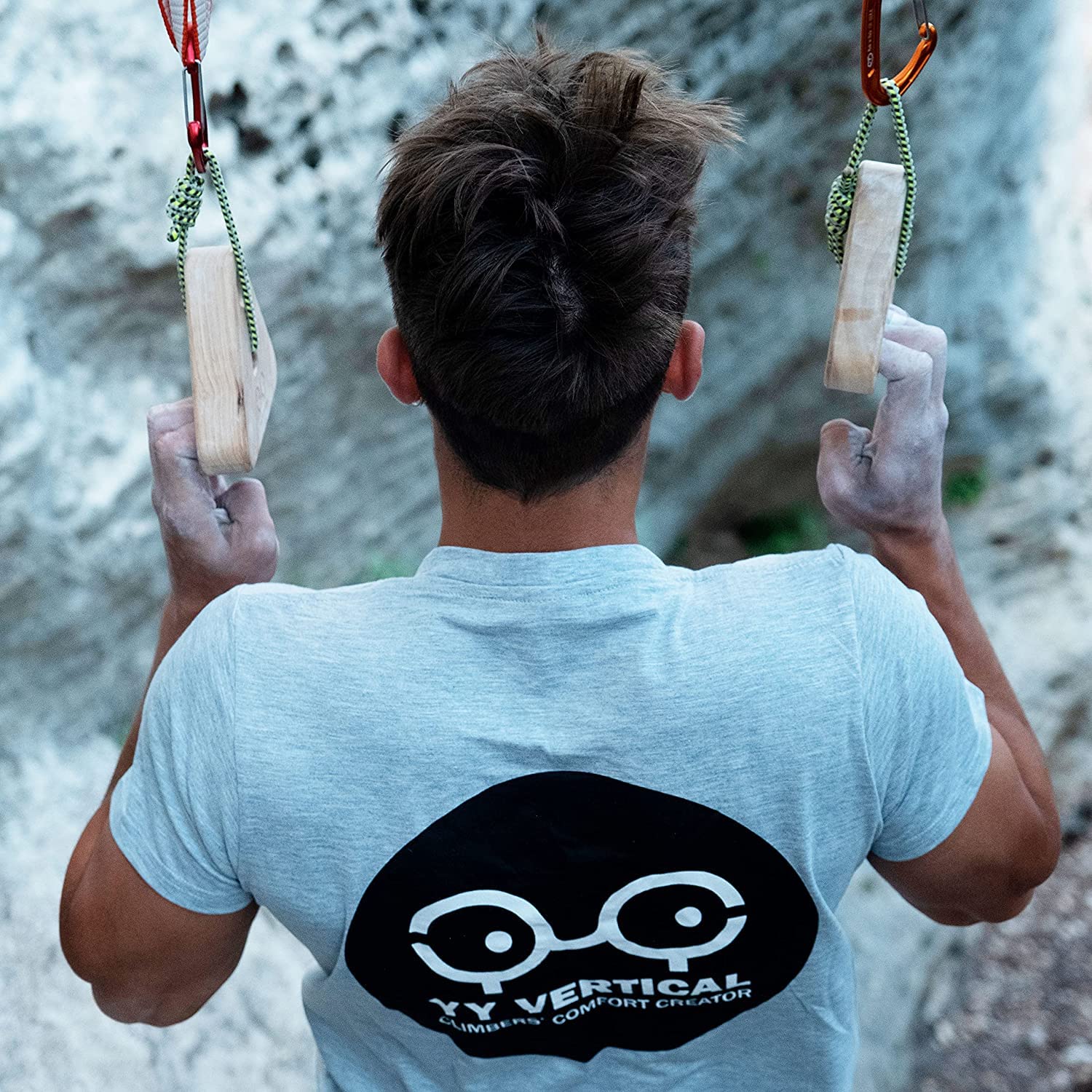 YY Vertical triangle hold mounted on hang board demonstrating functional in-use training benefit