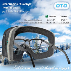 ZABERT goggles worn over glasses demonstrating comfortable OTG fit