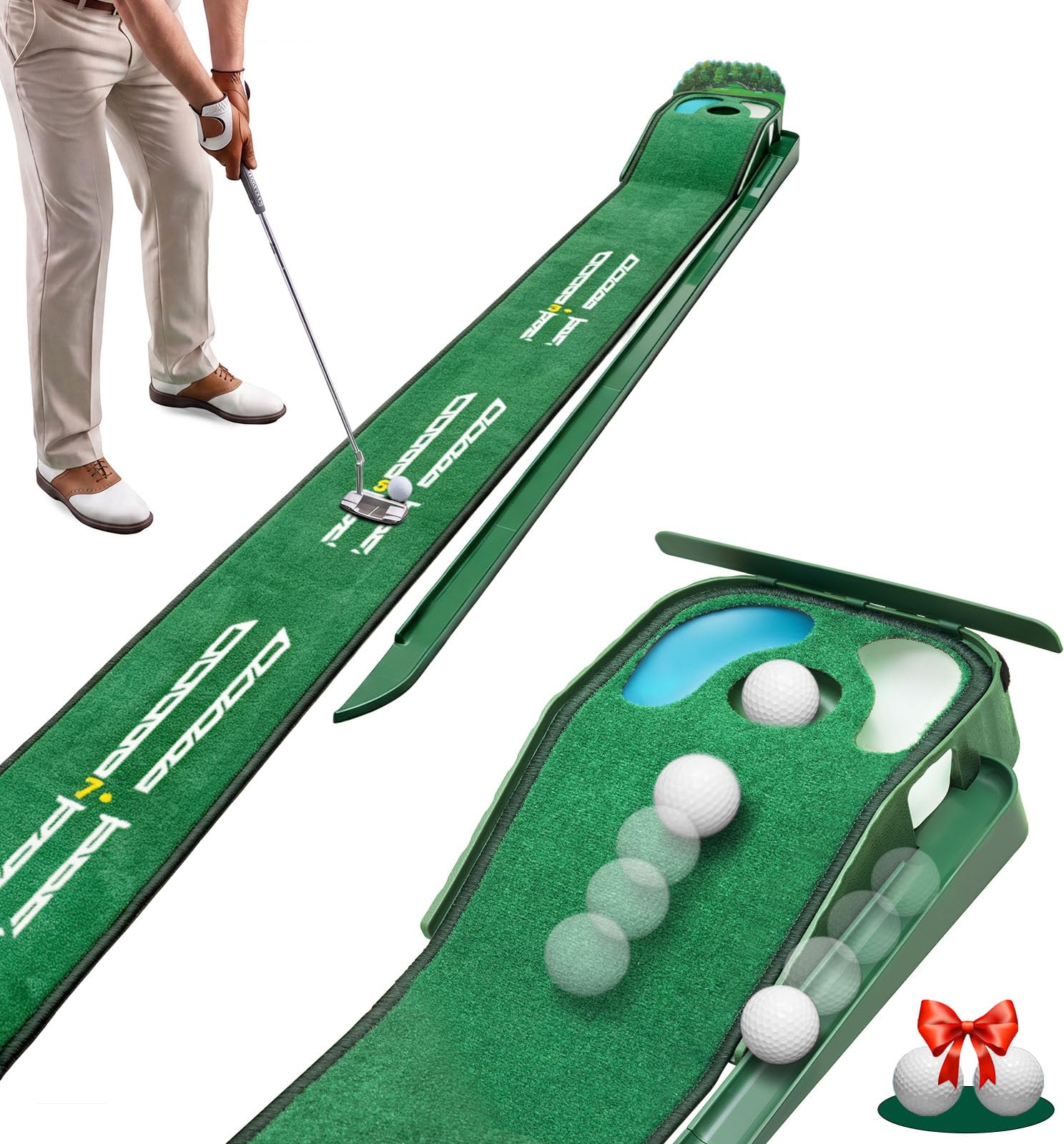 Zcoorey front view of full putting mat kit showing included components and benefit of ready setup