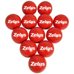 ZELUS front view of 12-ball pack showing bright red balls and clear branding, aids quick team selection