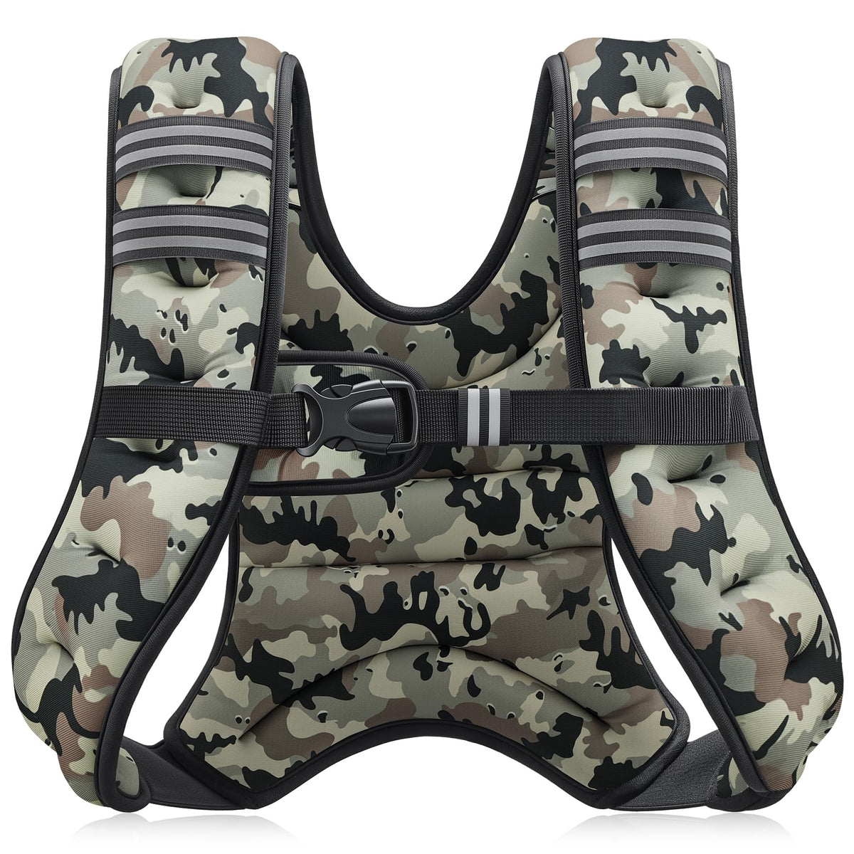 ZELUS front view desert camo vest showing secure fit and pockets for safer training