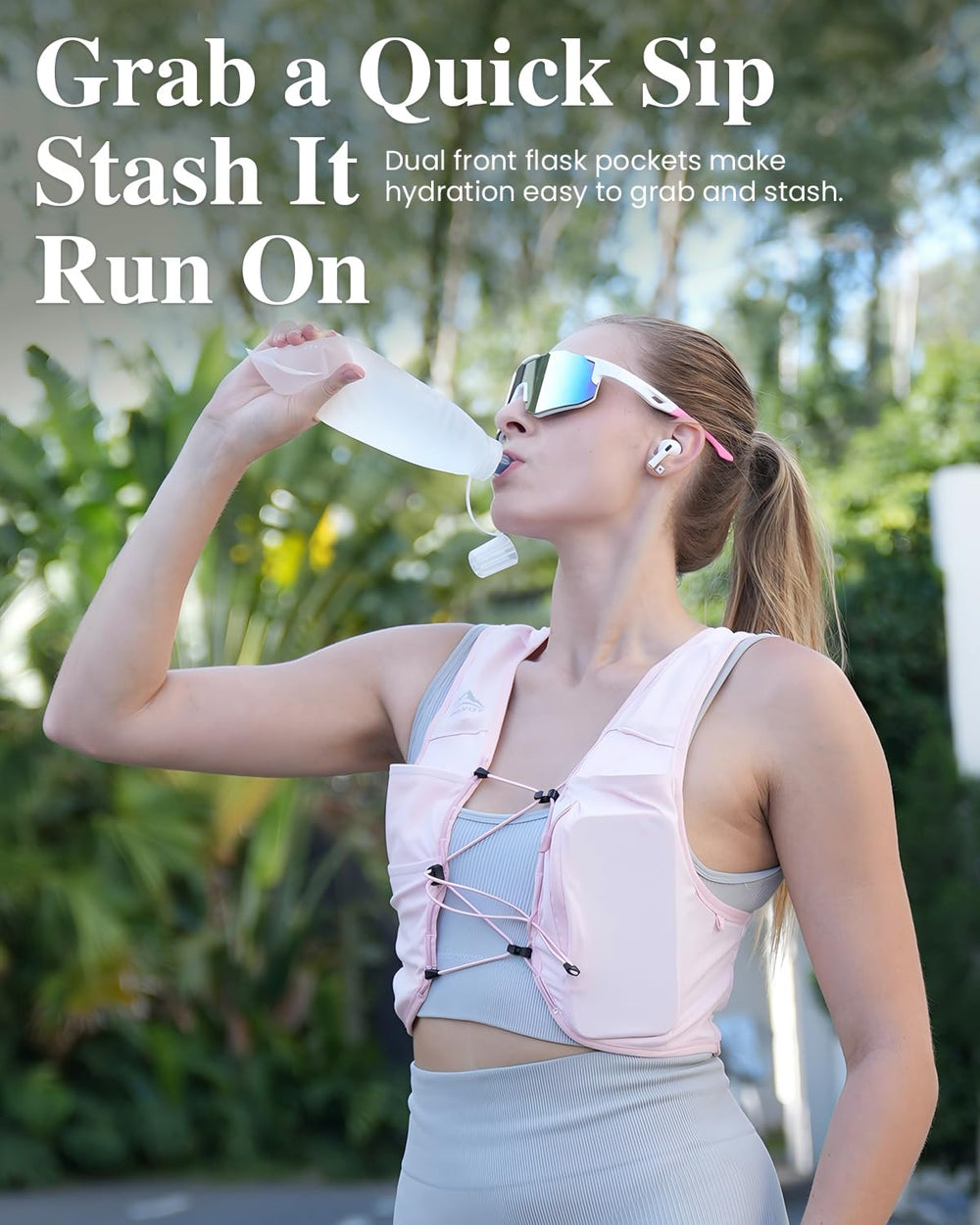 Zelvot front pockets with 500ml soft flask installed for hands-free hydration