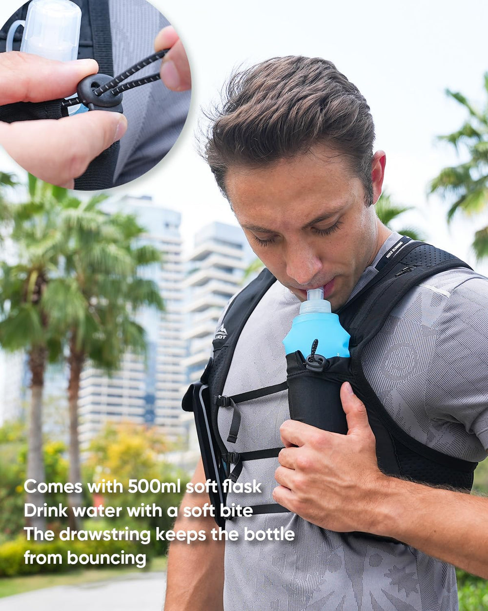 Zelvot flask fitted inside a running vest pocket for stable, no-bounce carry