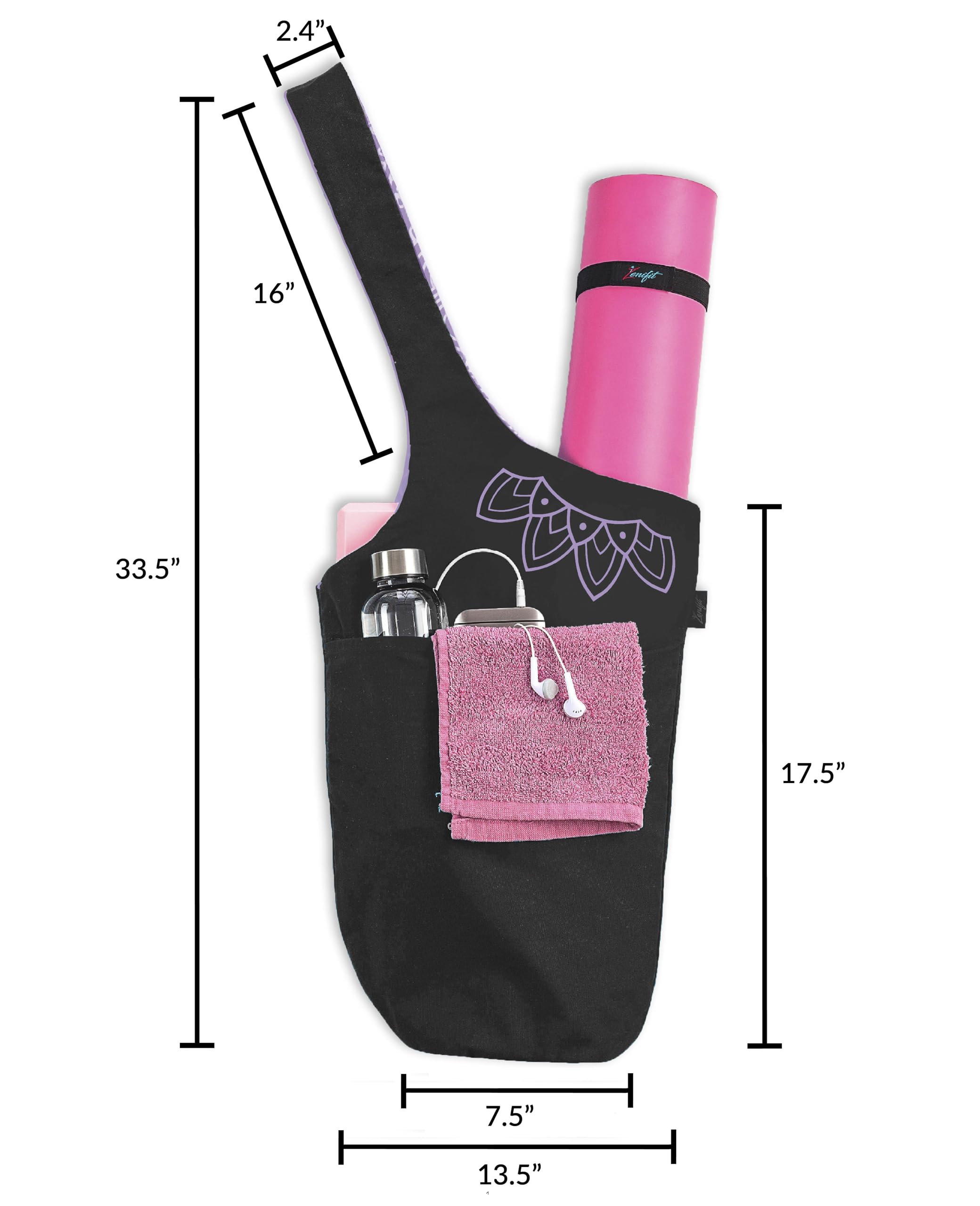 Zenifit bag open with yoga block and strap showing roomy, easy-access storage