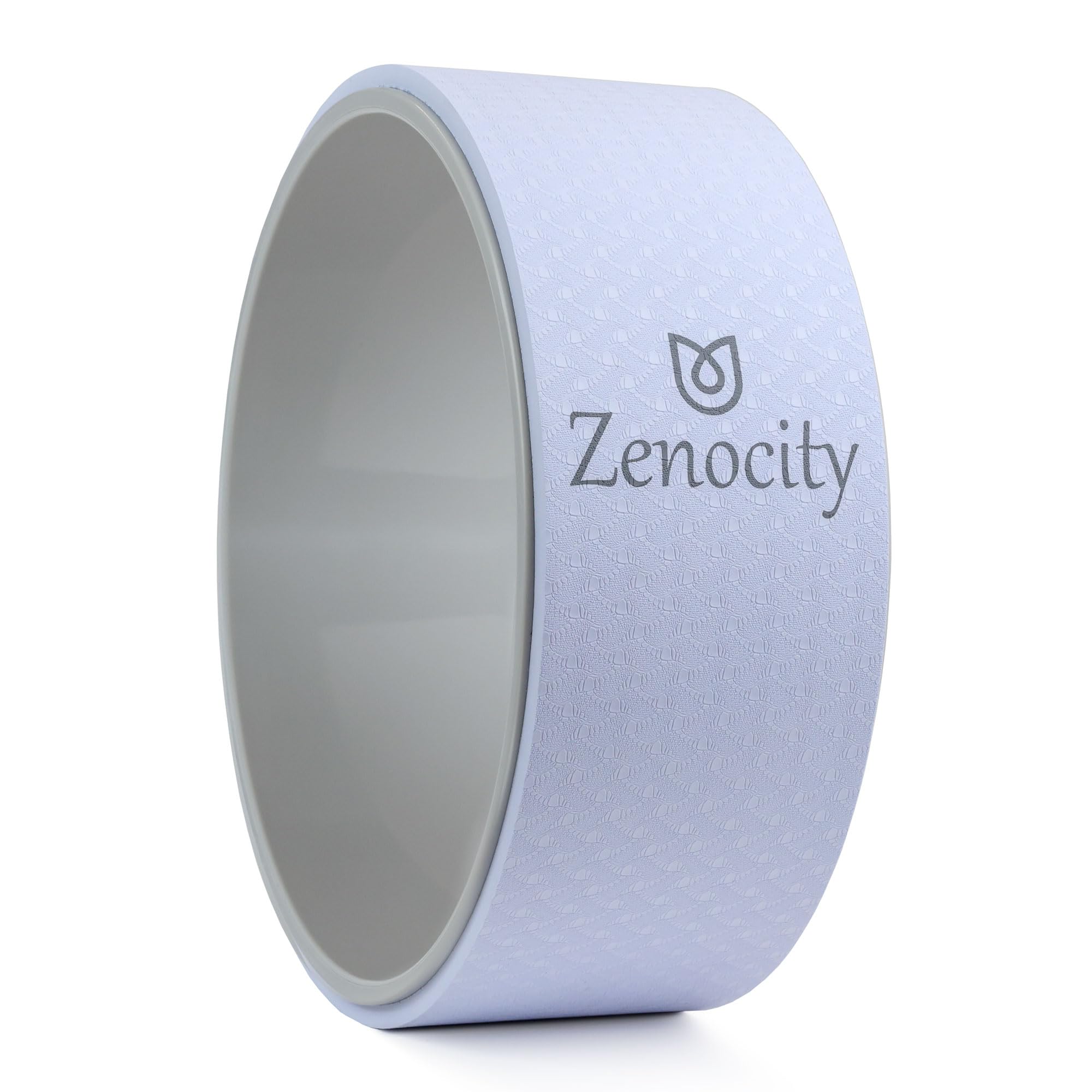 Zenocity yoga wheel front view showing stable frame and neutral gray finish for reliable practice