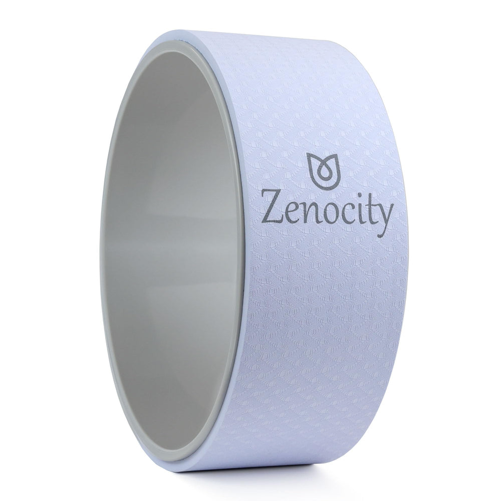 Zenocity yoga wheel front view showing stable frame and neutral gray finish for reliable practice