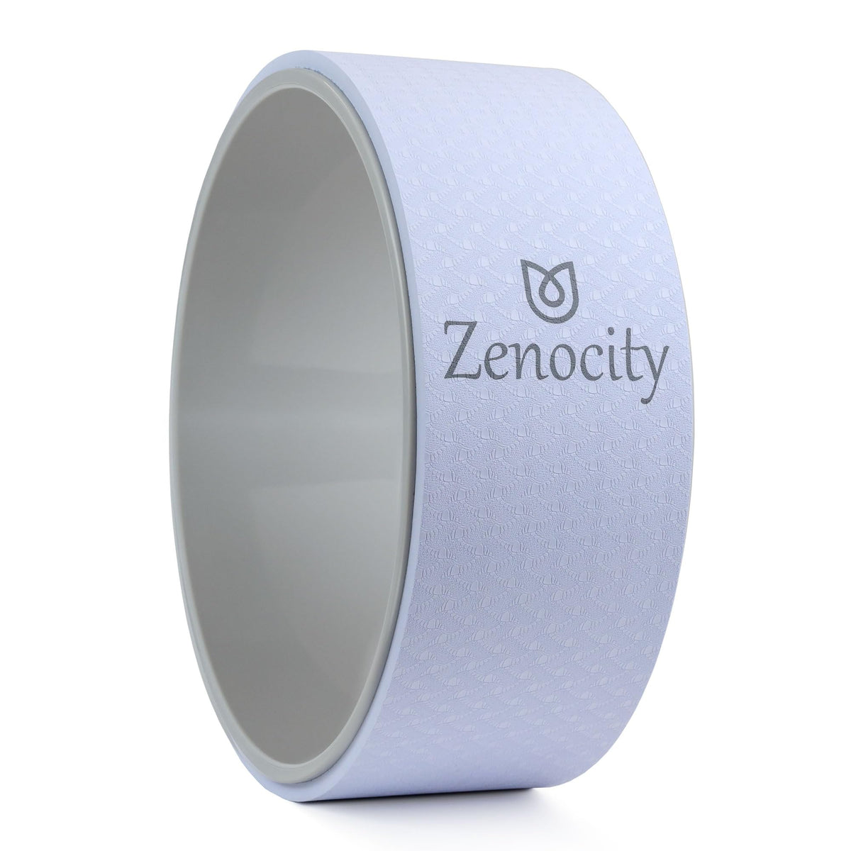 Zenocity yoga wheel front view showing stable frame and neutral gray finish for reliable practice