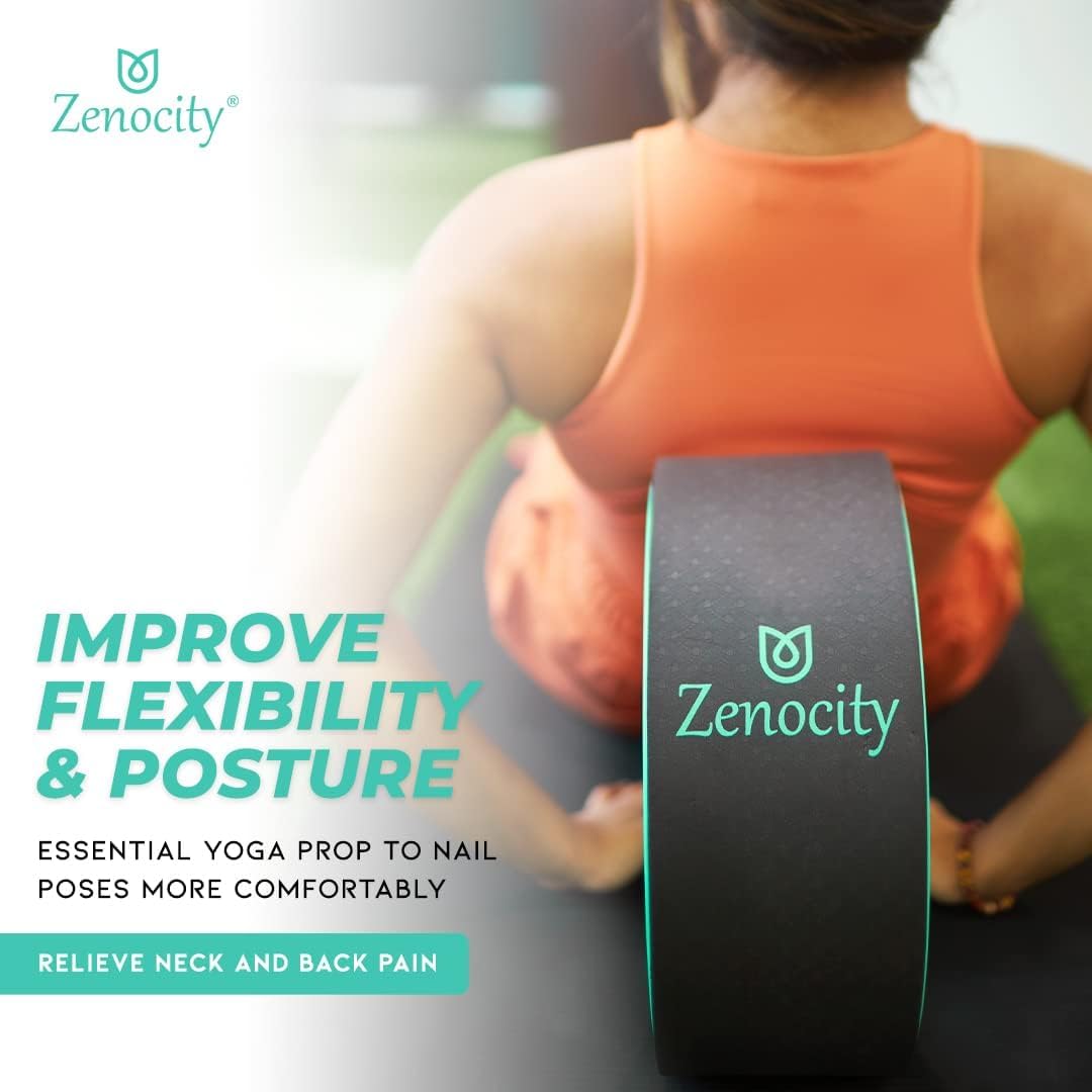 Zenocity yoga wheel next to yoga mat showing 13-inch scale for accurate size reference