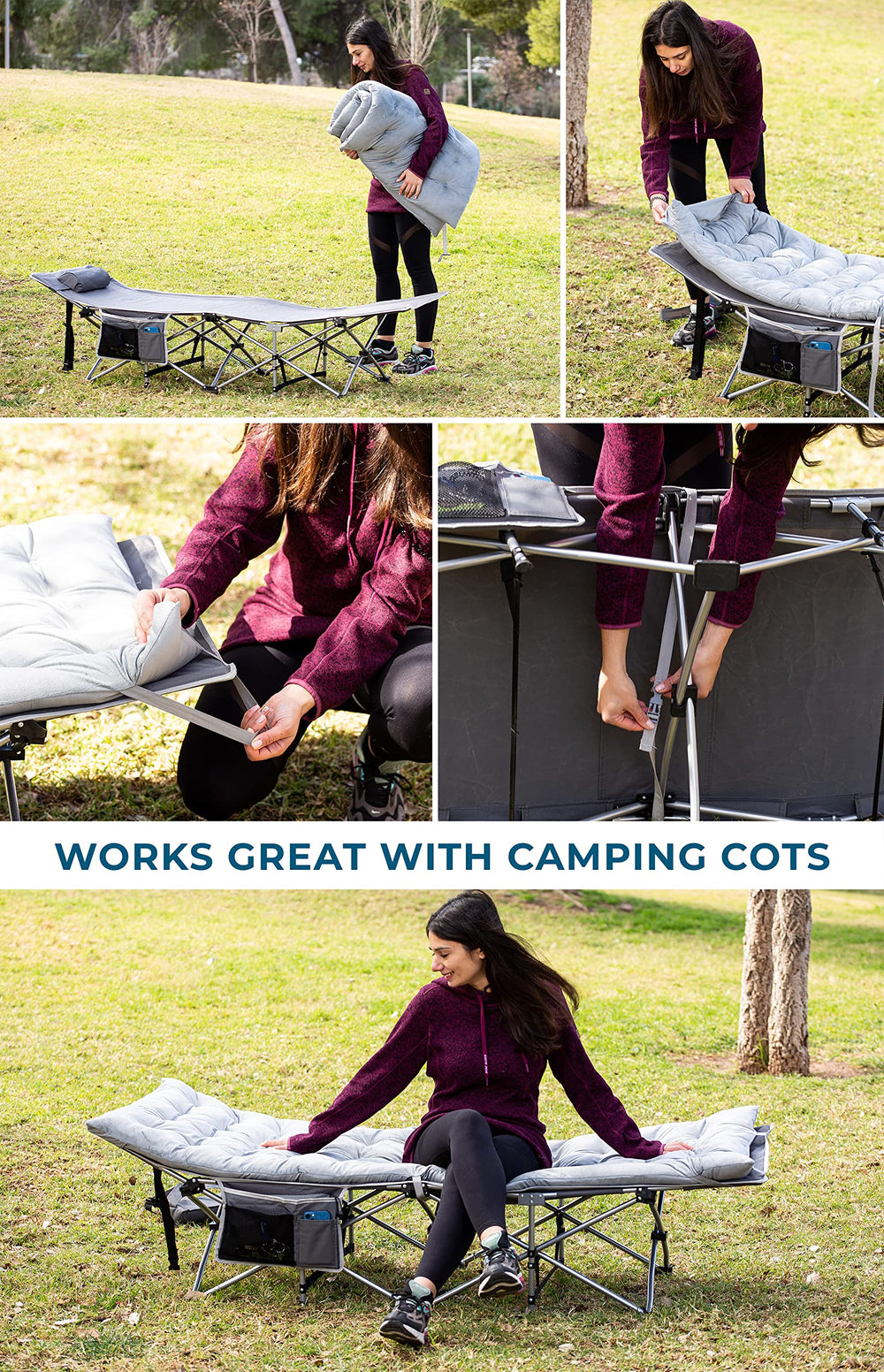 Zento Deals mattress on camping cot outdoors offering comfortable sleep