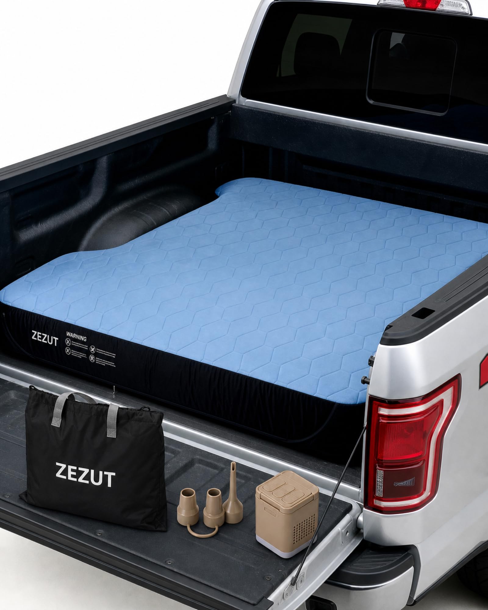 ZEZUT mattress in truck bed showing secure fitted fit and comfortable sleep setup