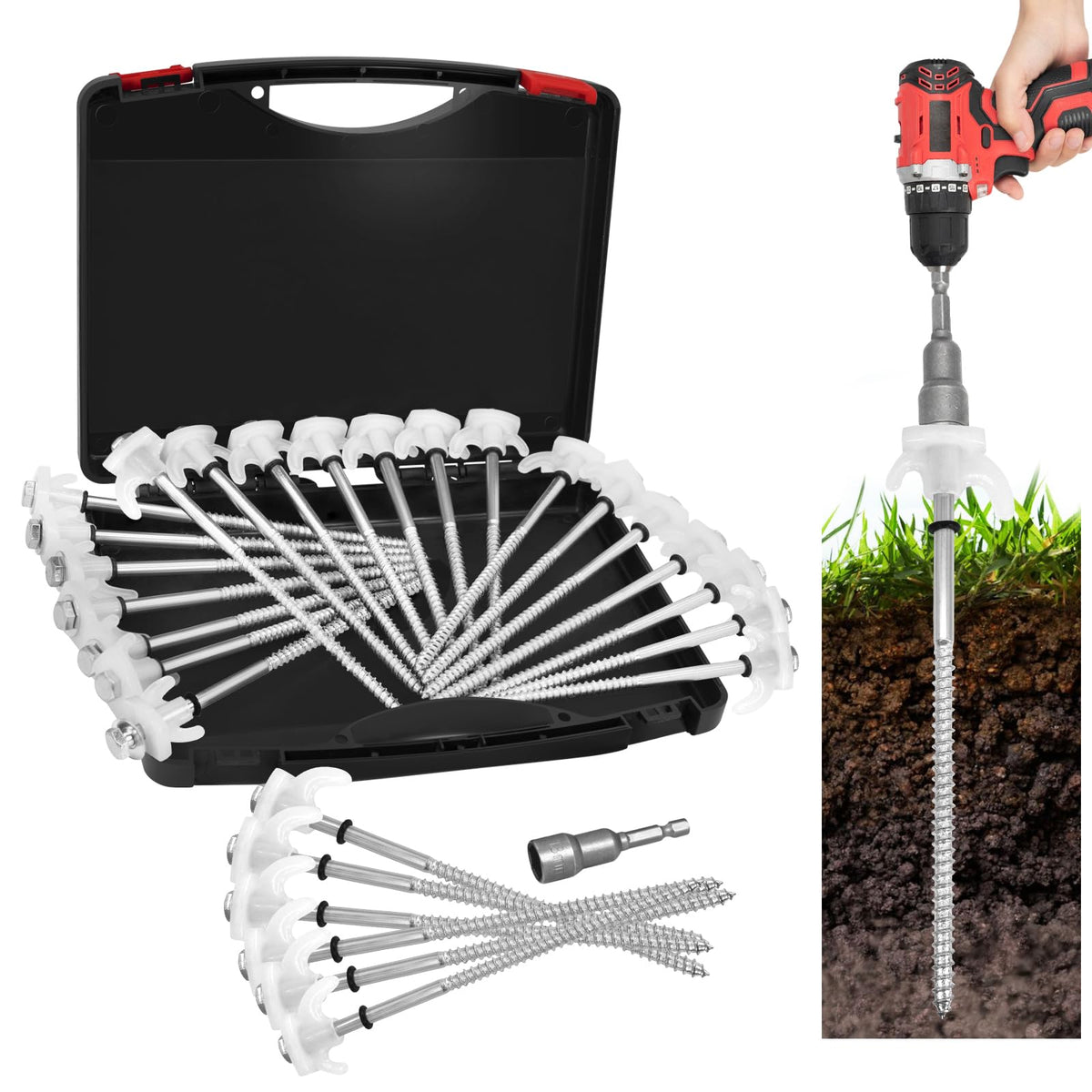 Zhenx front packaging showing 30 heavy-duty screw-in stakes for reliable anchoring