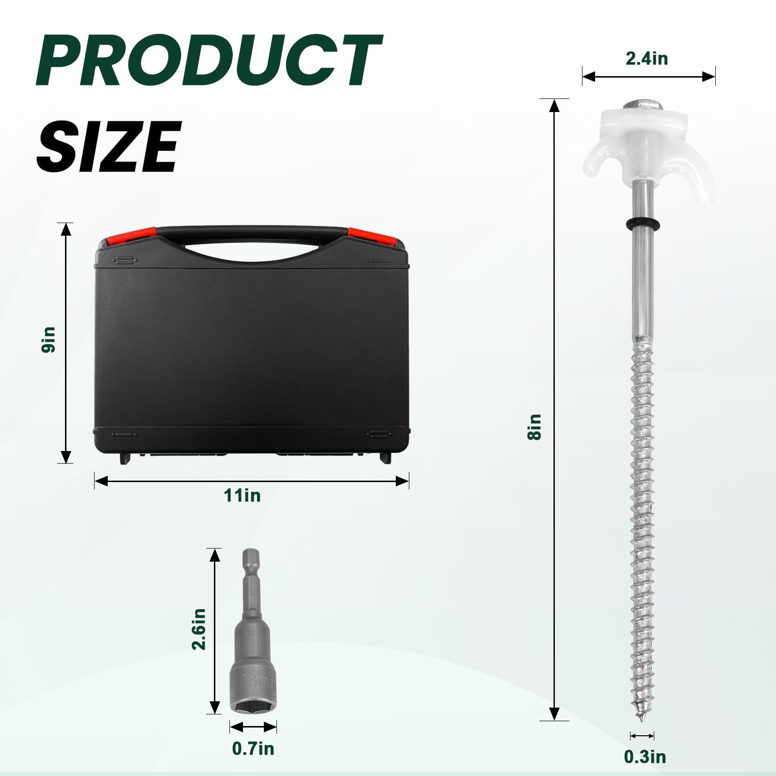 Zhenx stakes next to a hand showing 8-inch length for deeper ground hold