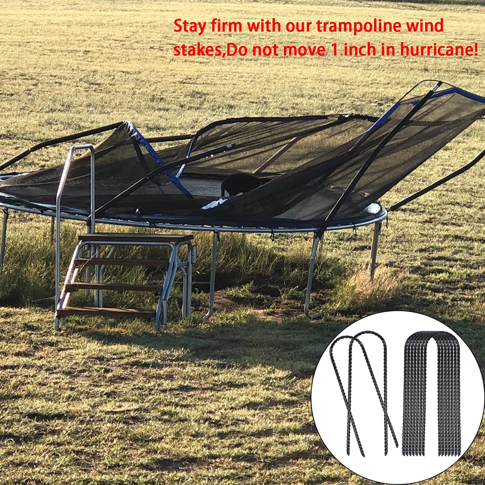 ZHHENIALY stake anchoring a trampoline edge showing wind resistance benefit