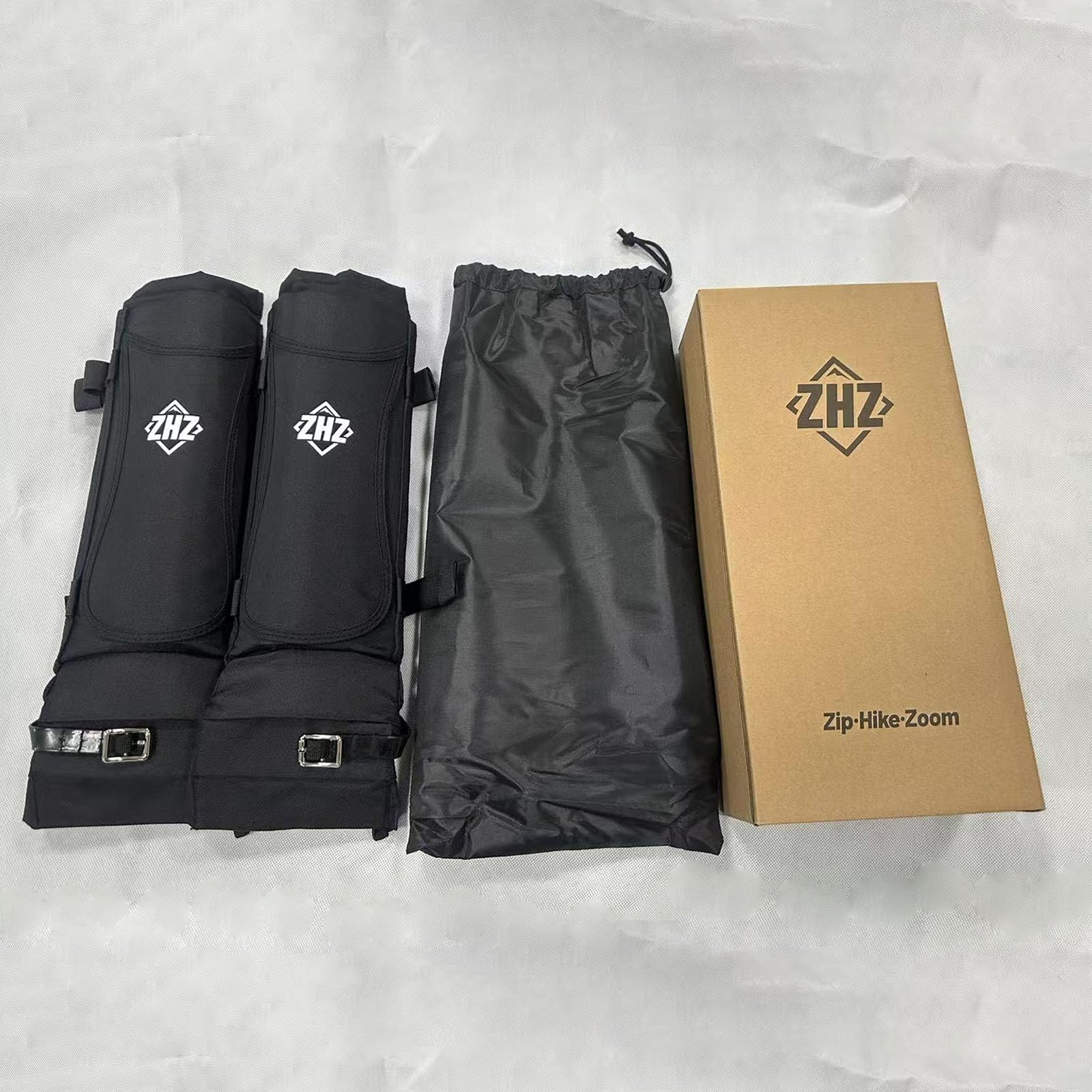 ZHZ gaiter next to boot to show scale and ankle-to-knee coverage