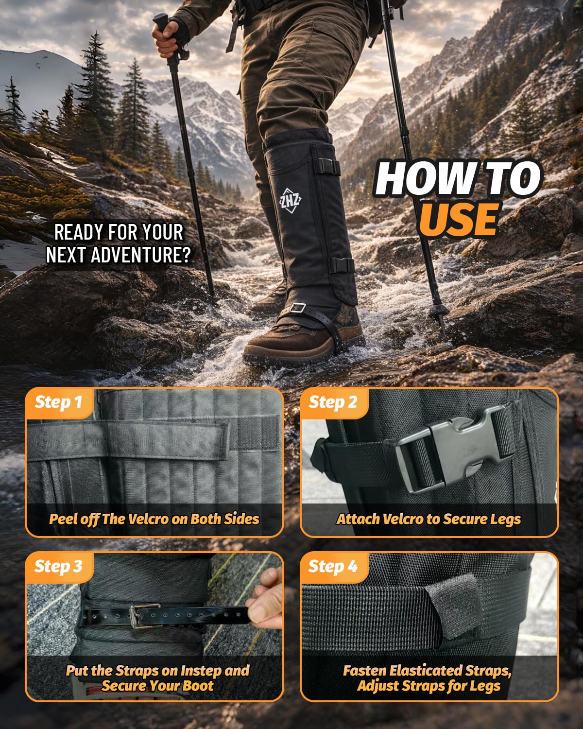 ZHZ gaiters with water droplets showing waterproof protection